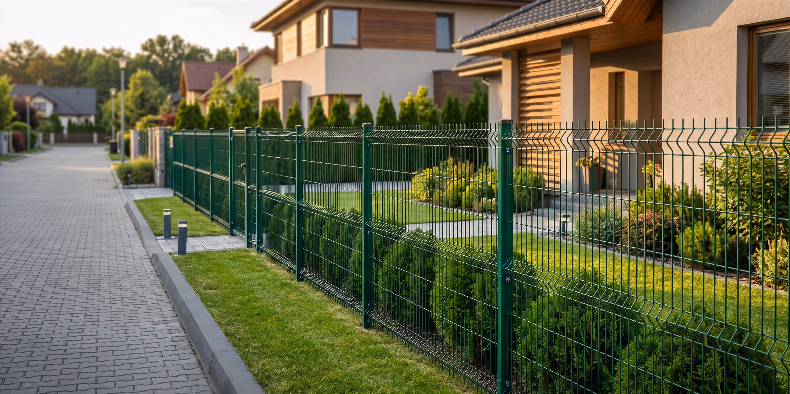 3D kerítés RAL 7016 antracit szürke színben — modern horganyzott acél panelek egy kortárs lakóingatlan körül.