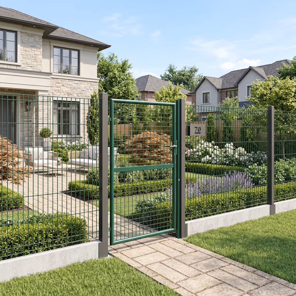 3D kerítéspanel közeli nézet — V-alakú merevítés és horganyzott acél huzal