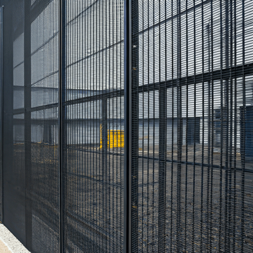 Antracit 3D dróthálós panelkerítés egy modern ipari létesítmény körül.