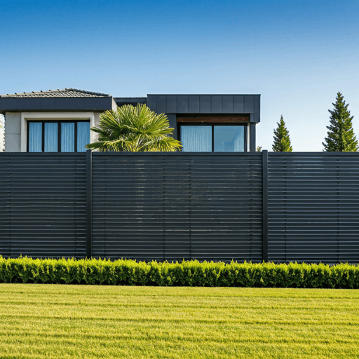 Letisztult fekete alumínium lamellás kerítés egy modern luxusvilla körül.
