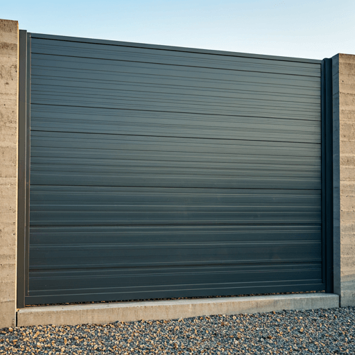 Ipari szürke lemezkerítés panelek tiszta horizontális profillal, betonoszlopokon.