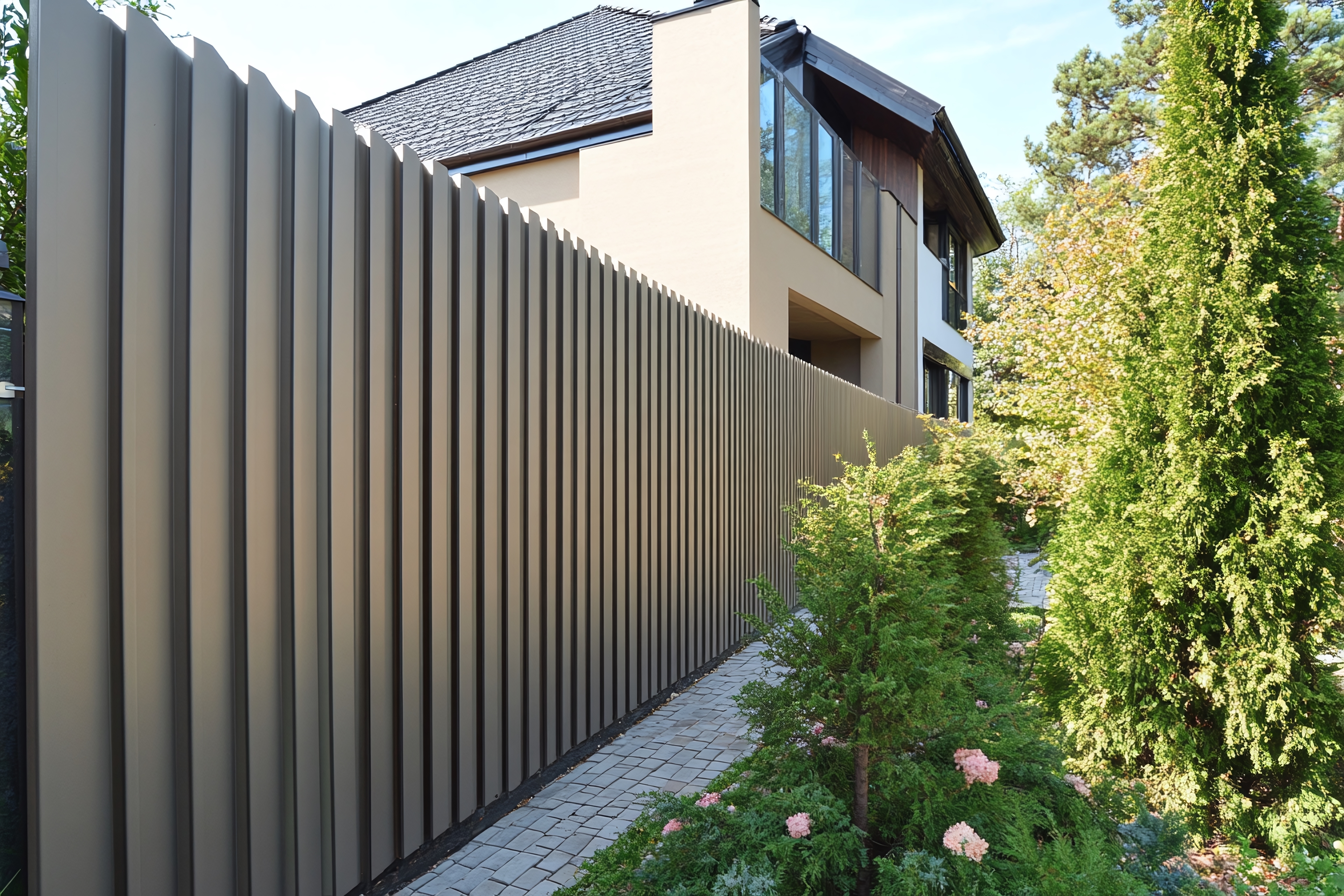 Modern fém kerítésrendszer elegáns lakóövezeti környezetben.